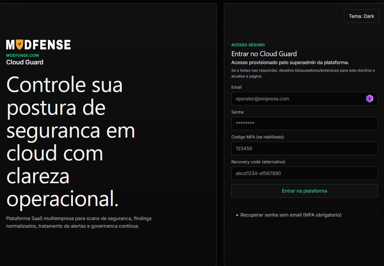 Tela de login do Modfense Cloud Guard